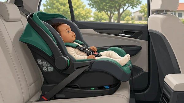 Bebê conforto instalado de costas no banco traseiro