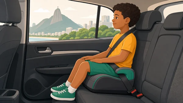 Criança em assento de elevação usando cinto de 3 pontos