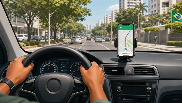 Celular em suporte de painel mostrando GPS
