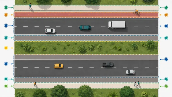 Corte transversal de uma rodovia mostrando pista, faixa, acostamento e passeio