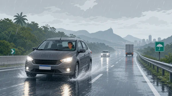 Carro dirigindo sob chuva forte em rodovia