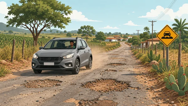 Estrada rural com buracos e cascalho
