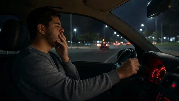 Motorista com sinais de cansaço dirigindo à noite