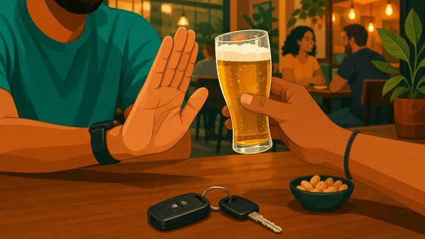 Pessoa recusando bebida alcoólica com chave de carro à vista