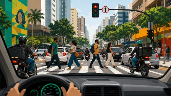 Tráfego urbano denso com pedestres e motociclistas