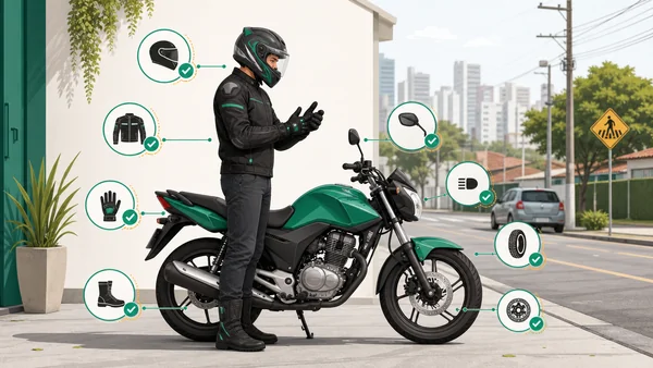 Motociclista equipado com capacete, luvas, jaqueta e botas