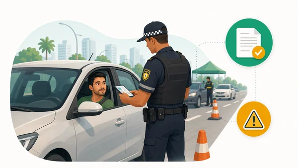 Motorista em blitz e símbolo de advertência de consequências