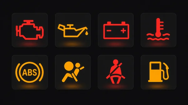 Painel do carro com várias luzes de advertência