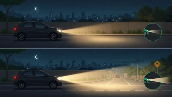 Comparação entre farol baixo e farol alto