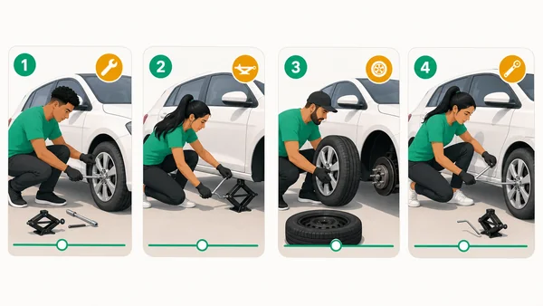 Sequência de troca de pneu em quatro etapas