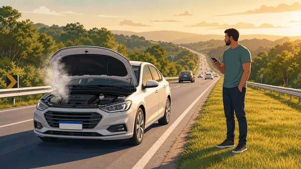 Carro estacionado no acostamento com vapor saindo do capô