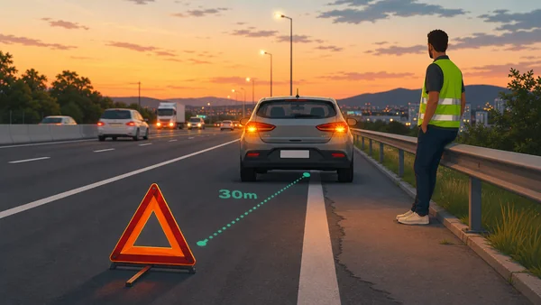 Acostamento de rodovia com triângulo de sinalização e carro parado