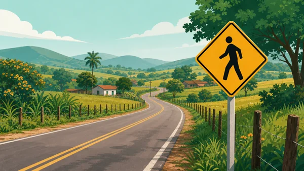 Placa de advertência em rodovia rural