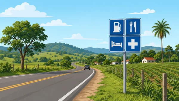 Conjunto de placas de serviços auxiliares na rodovia