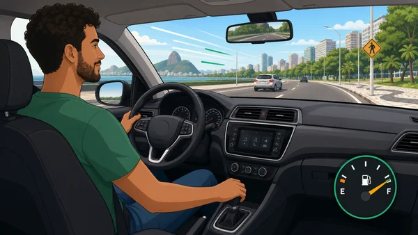 Motorista dirigindo com postura calma e velocidade constante