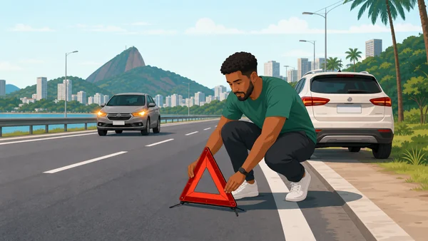 Pessoa colocando triângulo de sinalização no acostamento