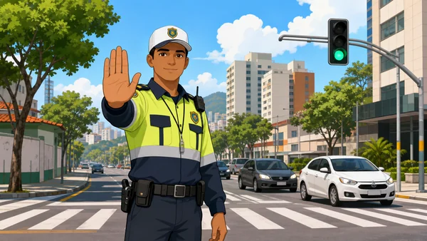 Agente de trânsito orientando veículos em cruzamento
